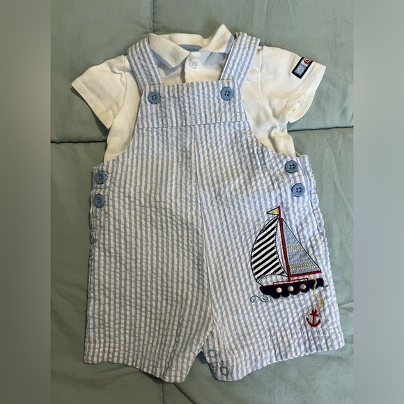 Baby Boy's Sailboat 2-Piece Polo & Striped Romper Set Sz 9M - Picture 4 of 12